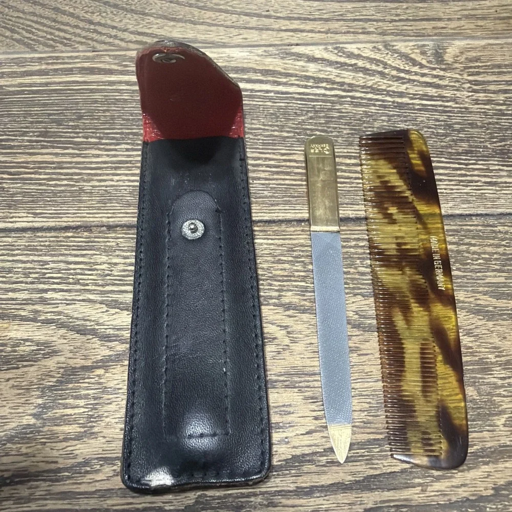 Vintage Coles Grooming Kit Nail File + Comb with Black Leather Case Made Germany